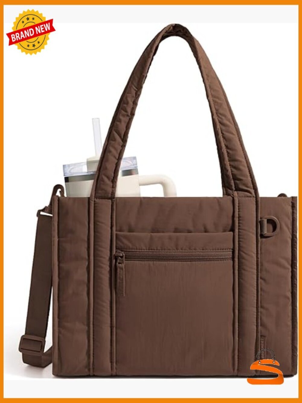 Quilted Puffer Tote Bag with Laptop Compartment, Crossbody Zipper Tote